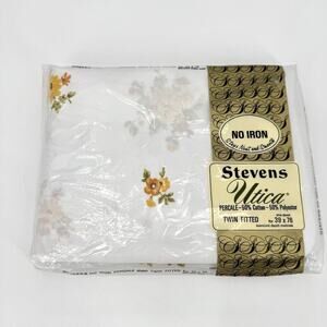 VTG Percale Twin Fitted Sheet STEVENS UTICA Yellow Floral Bouquet Canterbury